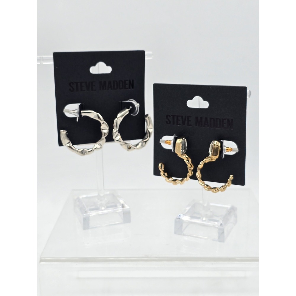 2 Lot Of Steve Madden Silver Crushed Hoop Earrings & Stone Post Gold Chain Hoops
